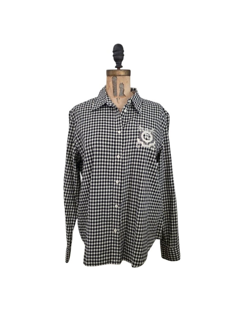 Lauren Ralph Lauren Beaded Crest Logo Gingham Button Down Shirt Black XL